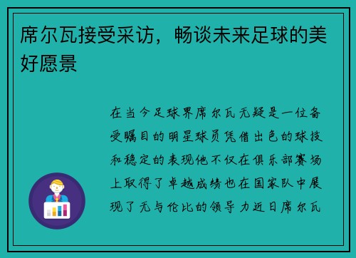 席尔瓦接受采访，畅谈未来足球的美好愿景